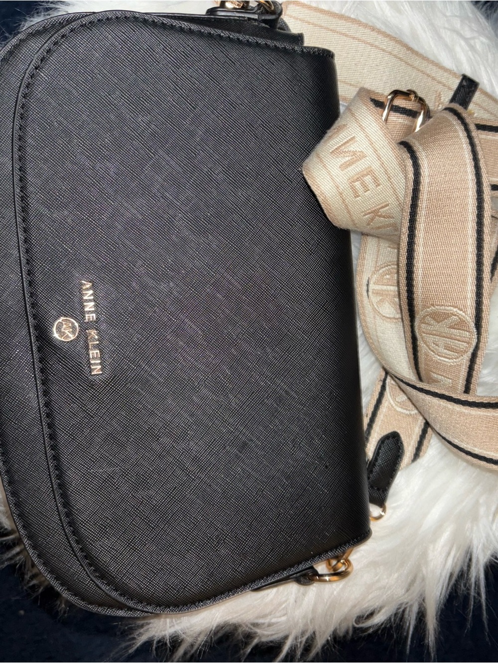 Anne Klein Black Crossbody Bag with Beige Logo Strap